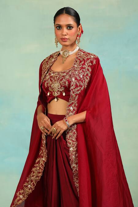 Swati Wadhwani Couture_Wine Crepe Embroidery, Beads Open Neck, Dori And Cutdana Cape Blouse Dhoti Set _at_Aza_Fashions