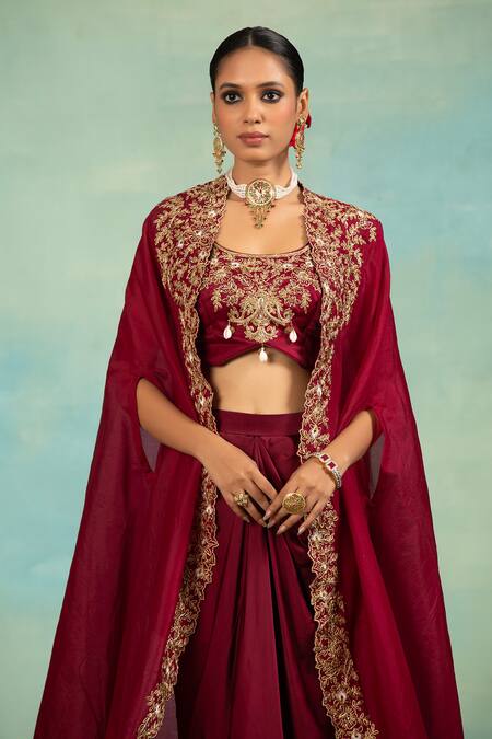 Buy_Swati Wadhwani Couture_Wine Crepe Embroidery, Beads Open Neck, Dori And Cutdana Cape Blouse Dhoti Set 
