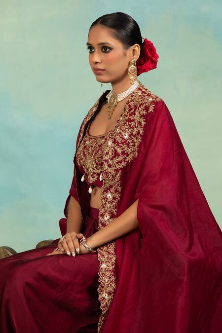 Shop_Swati Wadhwani Couture_Wine Crepe Embroidery, Beads Open Neck, Dori And Cutdana Cape Blouse Dhoti Set 