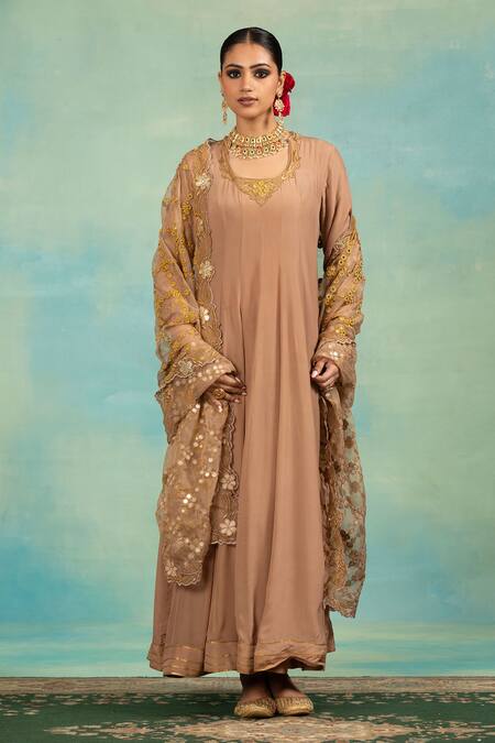 Swati Wadhwani Couture_Brown Crepe, Organza Zari, Mirrors, Anarkali Set With And Work Dupatta _Online_at_Aza_Fashions