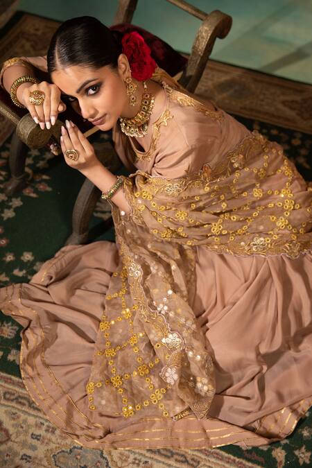 Buy_Swati Wadhwani Couture_Brown Crepe, Organza Zari, Mirrors, Anarkali Set With And Work Dupatta _Online_at_Aza_Fashions