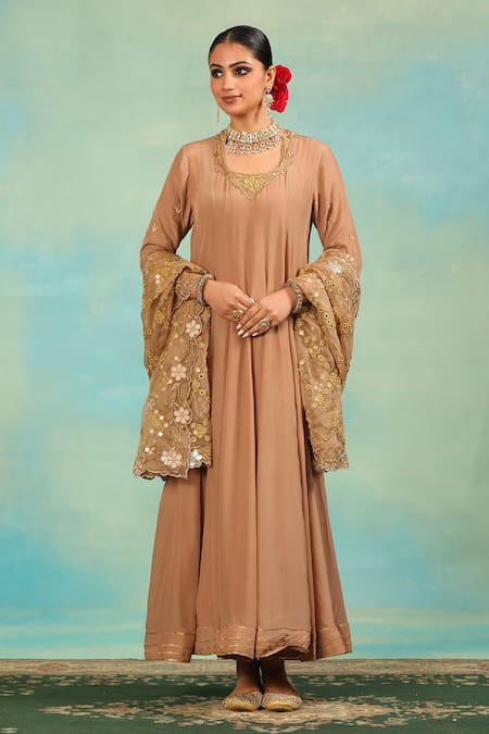 Shop_Swati Wadhwani Couture_Brown Crepe, Organza Zari, Mirrors, Anarkali Set With And Work Dupatta _Online_at_Aza_Fashions