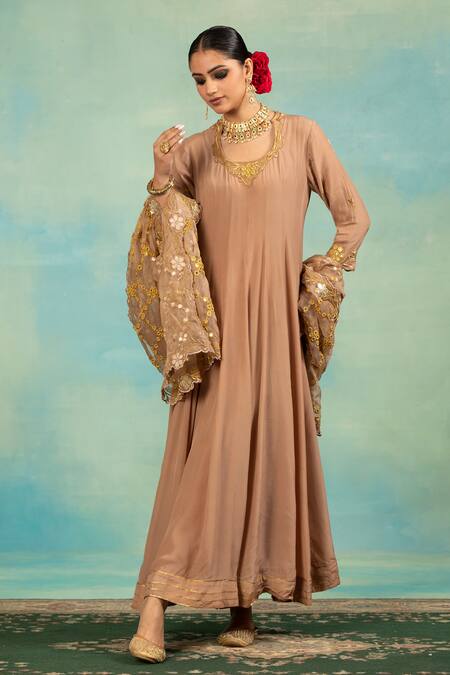 Swati Wadhwani Couture_Brown Crepe, Organza Zari, Mirrors, Anarkali Set With And Work Dupatta _at_Aza_Fashions