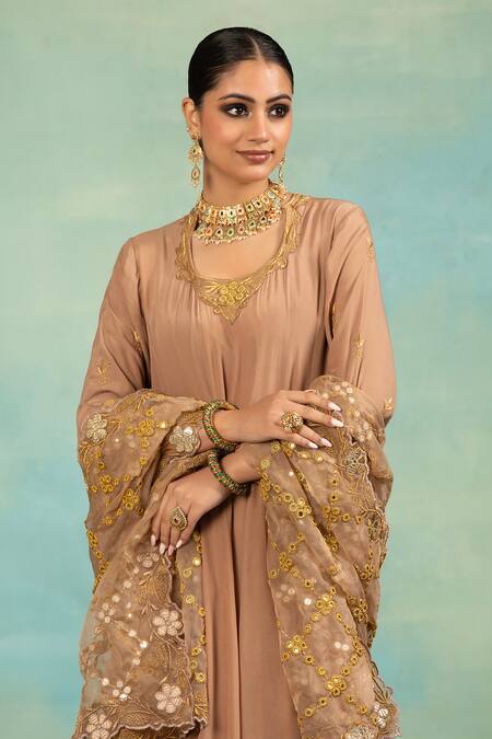 Buy_Swati Wadhwani Couture_Brown Crepe, Organza Zari, Mirrors, Anarkali Set With And Work Dupatta 