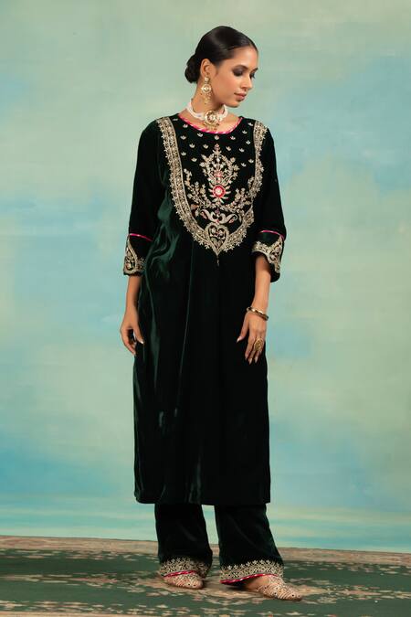 Shop_Swati Wadhwani Couture_Emerald Green Velvet Embroidery, Pearls Round Neck Dabka And Choga Set _Online_at_Aza_Fashions