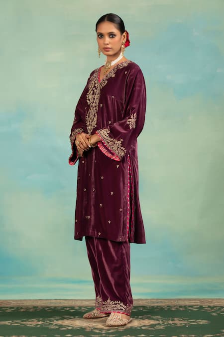 Shop_Swati Wadhwani Couture_Purple Velvet Zari, Pearls, Embroidery V-neck And Kurta Set _Online_at_Aza_Fashions