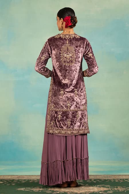 Swati Wadhwani Couture Velvet Zari Work Kurta Sharara & Dupatta Set 