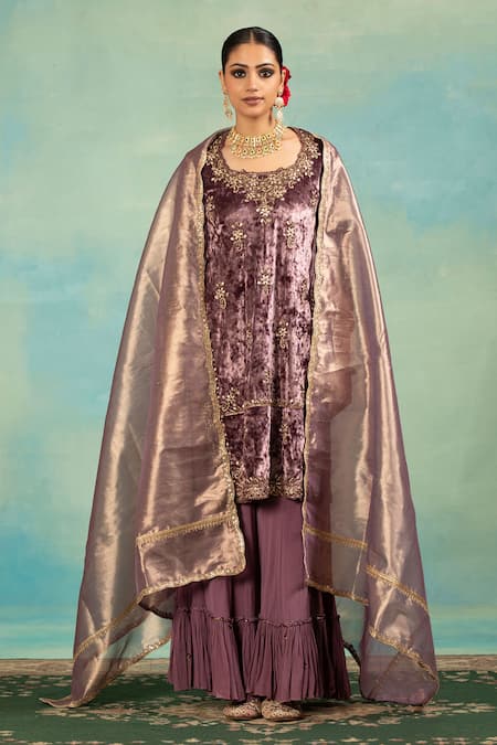 Swati Wadhwani Couture Velvet Zari Work Kurta Sharara & Dupatta Set 