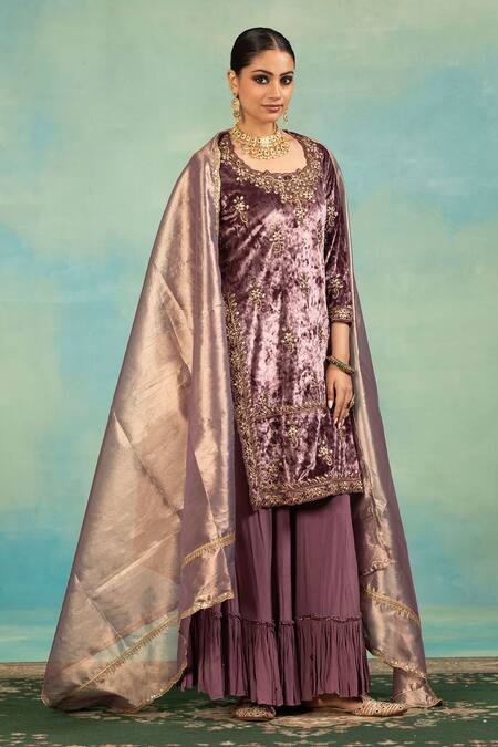 Swati Wadhwani Couture_Mauve Velvet, Crepe, Tissue Zari Round Neck Work Kurta Sharara And Dupatta Set _Online_at_Aza_Fashions