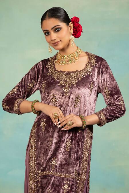 Buy_Swati Wadhwani Couture_Mauve Velvet, Crepe, Tissue Zari Round Neck Work Kurta Sharara And Dupatta Set _Online_at_Aza_Fashions