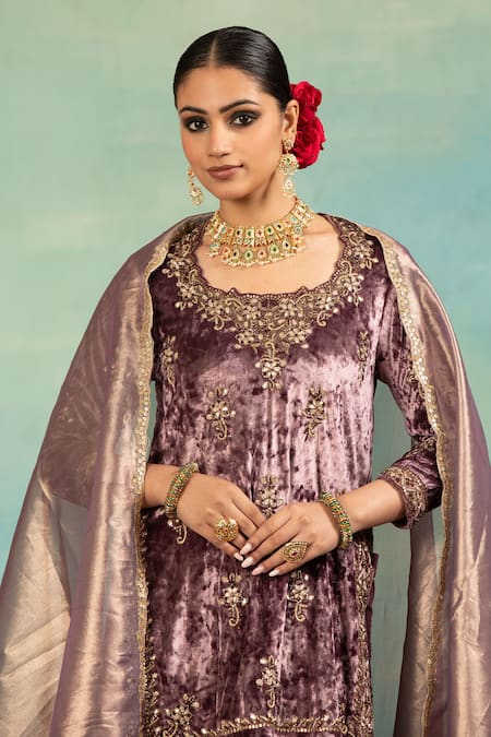 Shop_Swati Wadhwani Couture_Mauve Velvet, Crepe, Tissue Zari Round Neck Work Kurta Sharara And Dupatta Set _Online_at_Aza_Fashions