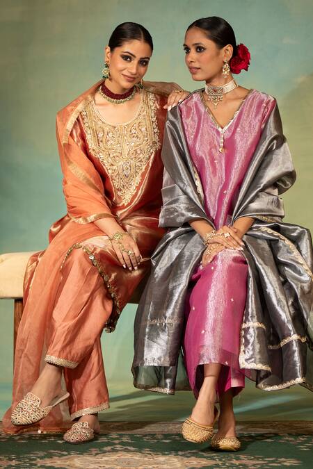 Buy_Swati Wadhwani Couture_Rust Tissue, Chanderi, Organza Zari, Pearls, And Work Kurta Salwar Set _Online_at_Aza_Fashions