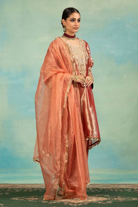 Shop_Swati Wadhwani Couture_Rust Tissue, Chanderi, Organza Zari, Pearls, And Work Kurta Salwar Set _Online_at_Aza_Fashions