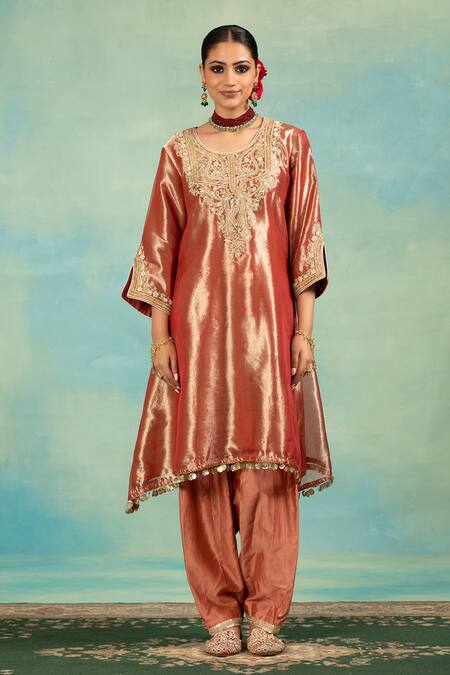 Swati Wadhwani Couture_Rust Tissue, Chanderi, Organza Zari, Pearls, And Work Kurta Salwar Set _at_Aza_Fashions
