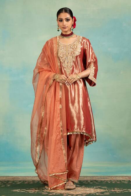 Buy_Swati Wadhwani Couture_Rust Tissue, Chanderi, Organza Zari, Pearls, And Work Kurta Salwar Set 