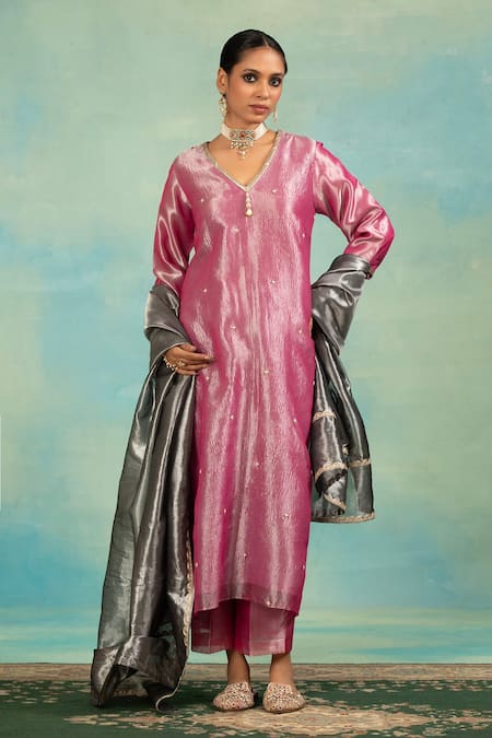 Swati Wadhwani Couture Tissue Sequin & Pearl Embroidered Kurta Set 