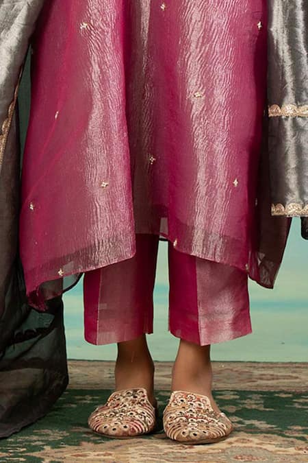 Shop_Swati Wadhwani Couture_Pink Tissue Sequins, Pearls V-neck And Embroidered Kurta Set _Online_at_Aza_Fashions