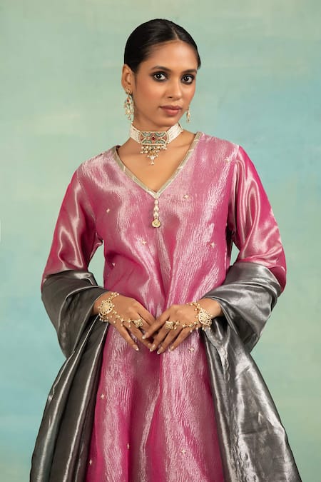 Shop_Swati Wadhwani Couture_Pink Tissue Sequins, Pearls V-neck And Embroidered Kurta Set 