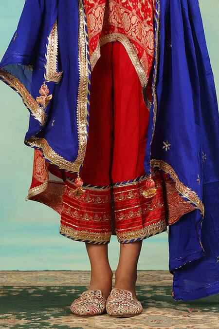 Shop_Swati Wadhwani Couture_Red Brocade Sequins, Embroidery Mandarin Collar, High-low Kurta Set With Dupatta _Online_at_Aza_Fashions