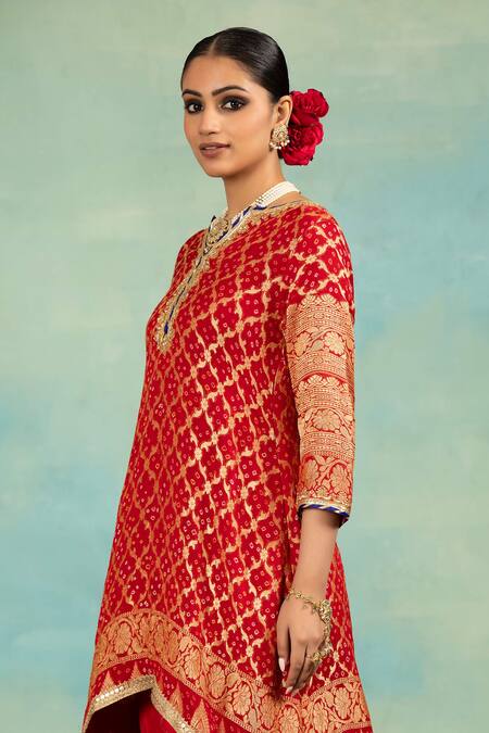 Swati Wadhwani Couture_Red Brocade Sequins, Embroidery Mandarin Collar, High-low Kurta Set With Dupatta _at_Aza_Fashions