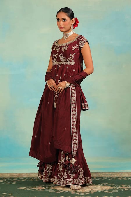 Buy_Swati Wadhwani Couture_Wine Silk Embroidery, Zari, Tassels Round Neck And Dabka Peplum Kurta Gharara Set _Online_at_Aza_Fashions