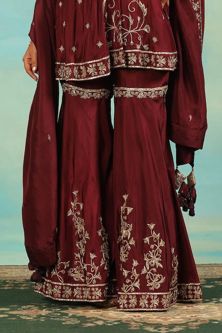 Buy_Swati Wadhwani Couture_Wine Silk Embroidery, Zari, Tassels Round Neck And Dabka Peplum Kurta Gharara Set 