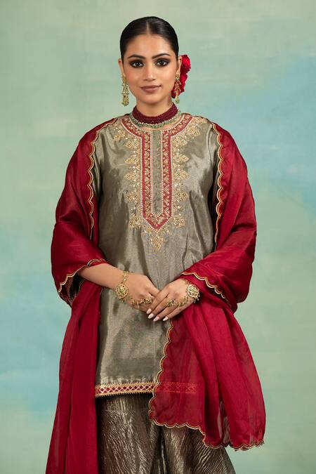 Buy_Swati Wadhwani Couture_Gray Tissue, Organza Sequins, Zari Mandarin Collar And Work Kurta Palazzo Set _Online_at_Aza_Fashions