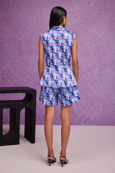 Shop Tara And I Blue Silk V-neck, Collared Aquarelle Print Peplum Jacket at Aza Fashions Shop_Tara And I_Blue Silk V-neck, Collared Aquarelle Print Peplum Jacket _at_Aza_Fashions