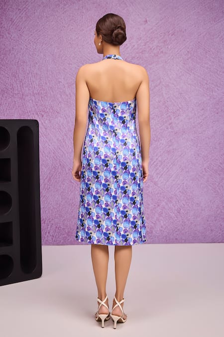 Shop Tara And I Blue Silk Embroidery Halter Neck Aquarelle Print Dress at Aza Fashions Shop_Tara And I_Blue Silk Embroidery Halter Neck Aquarelle Print Dress _at_Aza_Fashions
