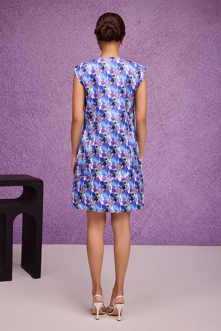 Shop Tara And I Blue Silk Round Neck Aquarelle Print Jacket Dress at Aza Fashions Shop_Tara And I_Blue Silk Round Neck Aquarelle Print Jacket Dress _at_Aza_Fashions