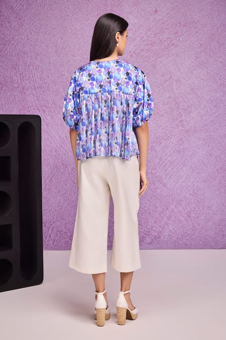 Shop Tara And I Blue , Organza Round Neck, Split Aquarelle Print Bubble Sleeve Jacket at Aza Fashions Shop_Tara And I_Blue , Organza Round Neck, Split Aquarelle Print Bubble Sleeve Jacket _at_Aza_Fashions