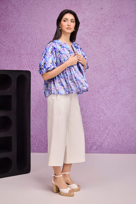 Tara And I Blue , Organza Round Neck, Split Aquarelle Print Bubble Sleeve Jacket Online at Aza Fashions Tara And I_Blue , Organza Round Neck, Split Aquarelle Print Bubble Sleeve Jacket _Online_at_Aza_Fashions