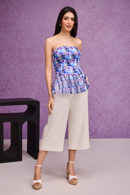 Tara And I Blue Organza, Bandeau Neck Aquarelle Print Peplum Top 