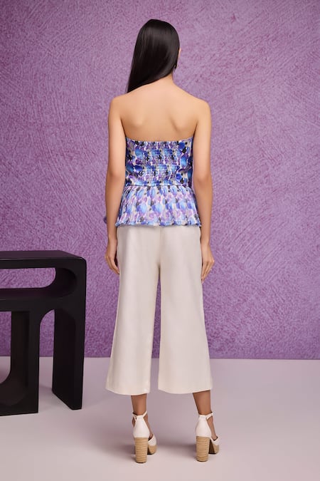 Shop Tara And I Blue Organza, Bandeau Neck Aquarelle Print Peplum Top at Aza Fashions Shop_Tara And I_Blue Organza, Bandeau Neck Aquarelle Print Peplum Top _at_Aza_Fashions