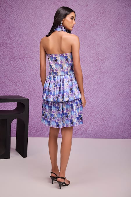 Shop Tara And I Blue Silk Organza Ruffles Halter Neck, Aquarelle Print Tiered Dress at Aza Fashions Shop_Tara And I_Blue Silk Organza Ruffles Halter Neck, Aquarelle Print Tiered Dress _at_Aza_Fashions