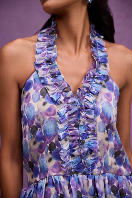 Buy Tara And I Blue Silk Organza Ruffles Halter Neck, Aquarelle Print Tiered Dress Online at Aza Fashions Buy_Tara And I_Blue Silk Organza Ruffles Halter Neck, Aquarelle Print Tiered Dress _Online_at_Aza_Fashions