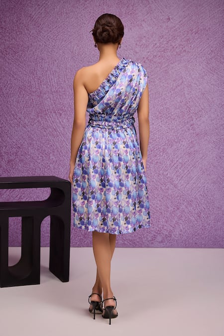 Shop Tara And I Blue Silk Organza Ruffles One Shoulder Aquarelle Print Dress at Aza Fashions Shop_Tara And I_Blue Silk Organza Ruffles One Shoulder Aquarelle Print Dress _at_Aza_Fashions