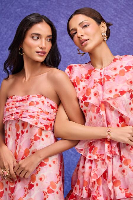 Tara And I Red Silk Organza Bandeau Neck Aquarelle Print Tube Dress at Aza Fashions Tara And I_Red Silk Organza Bandeau Neck Aquarelle Print Tube Dress _at_Aza_Fashions