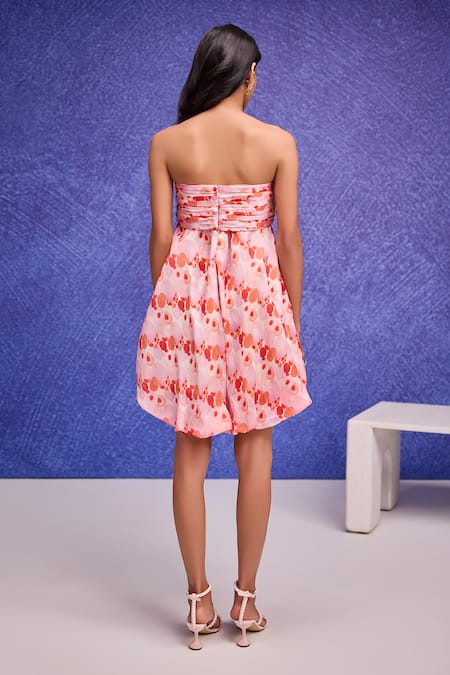 Shop Tara And I Red Silk Organza Bandeau Neck Aquarelle Print Tube Dress at Aza Fashions Shop_Tara And I_Red Silk Organza Bandeau Neck Aquarelle Print Tube Dress _at_Aza_Fashions