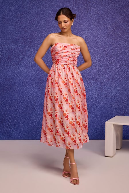 Tara And I Red Silk Organza Ruffles Bandeau Neck Aquarelle Print Gathered Tube Dress 