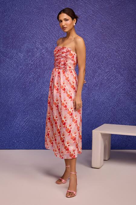 Buy Tara And I Red Silk Organza Ruffles Bandeau Neck Aquarelle Print Gathered Tube Dress Online at Aza Fashions Buy_Tara And I_Red Silk Organza Ruffles Bandeau Neck Aquarelle Print Gathered Tube Dress _Online_at_Aza_Fashions