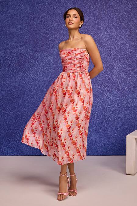 Shop Tara And I Red Silk Organza Ruffles Bandeau Neck Aquarelle Print Gathered Tube Dress Online at Aza Fashions Shop_Tara And I_Red Silk Organza Ruffles Bandeau Neck Aquarelle Print Gathered Tube Dress _Online_at_Aza_Fashions