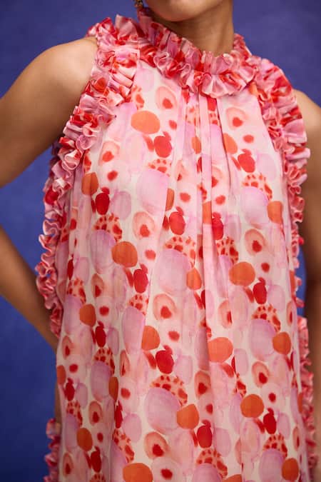 Tara And I_Red Silk Organza Ruffles Halter Neck Aquarelle Print Maxi Dress _Online_at_Aza_Fashions