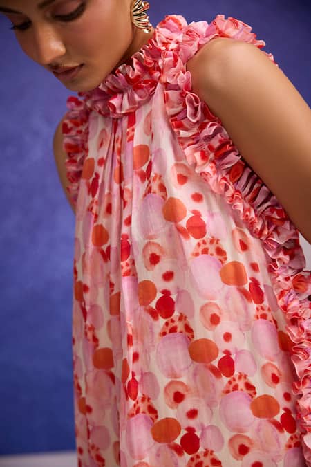 Buy_Tara And I_Red Silk Organza Ruffles Halter Neck Aquarelle Print Maxi Dress _Online_at_Aza_Fashions