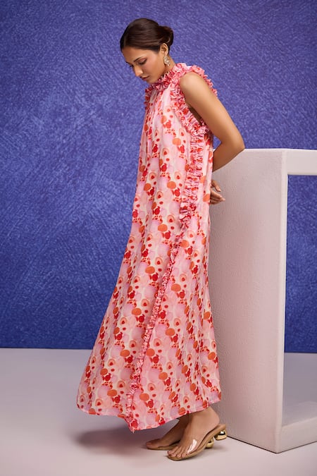 Shop_Tara And I_Red Silk Organza Ruffles Halter Neck Aquarelle Print Maxi Dress _Online_at_Aza_Fashions