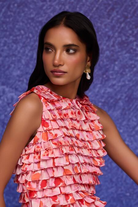 Shop_Tara And I_Red Silk Organza Ruffles Round Neck Aquarelle Print Top _Online_at_Aza_Fashions