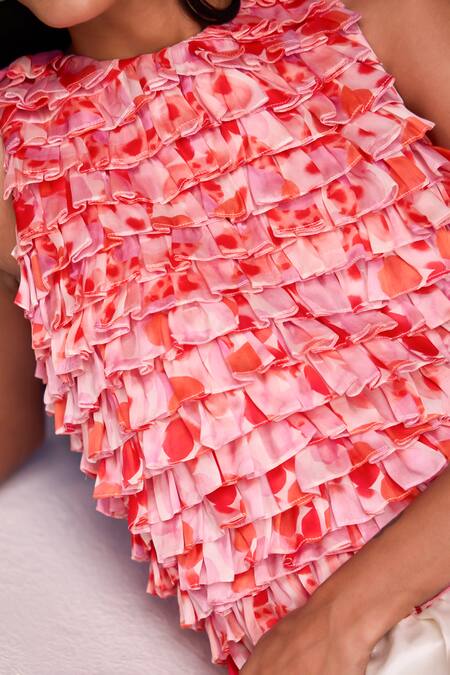 Tara And I_Red Silk Organza Ruffles Round Neck Aquarelle Print Top _at_Aza_Fashions