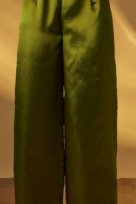 Shop_RAYASHA KHAN_Green Silk, Organza Tassels, Sequins Split V-neck Mehendi Kurta Set _Online_at_Aza_Fashions