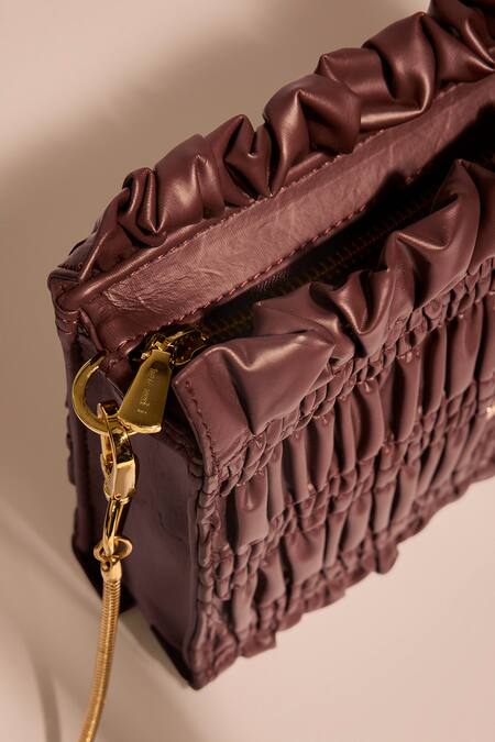 Tara And I_Brown Smocking, Studs Mocha Drift Sling Bag _Online_at_Aza_Fashions