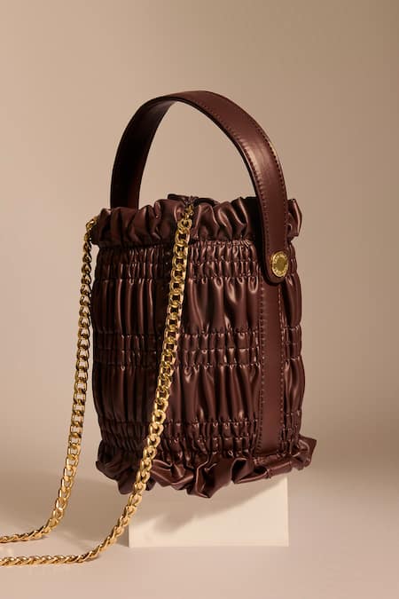 Tara And I_Brown Smocking Mocha Drift Bucket Bag _Online_at_Aza_Fashions